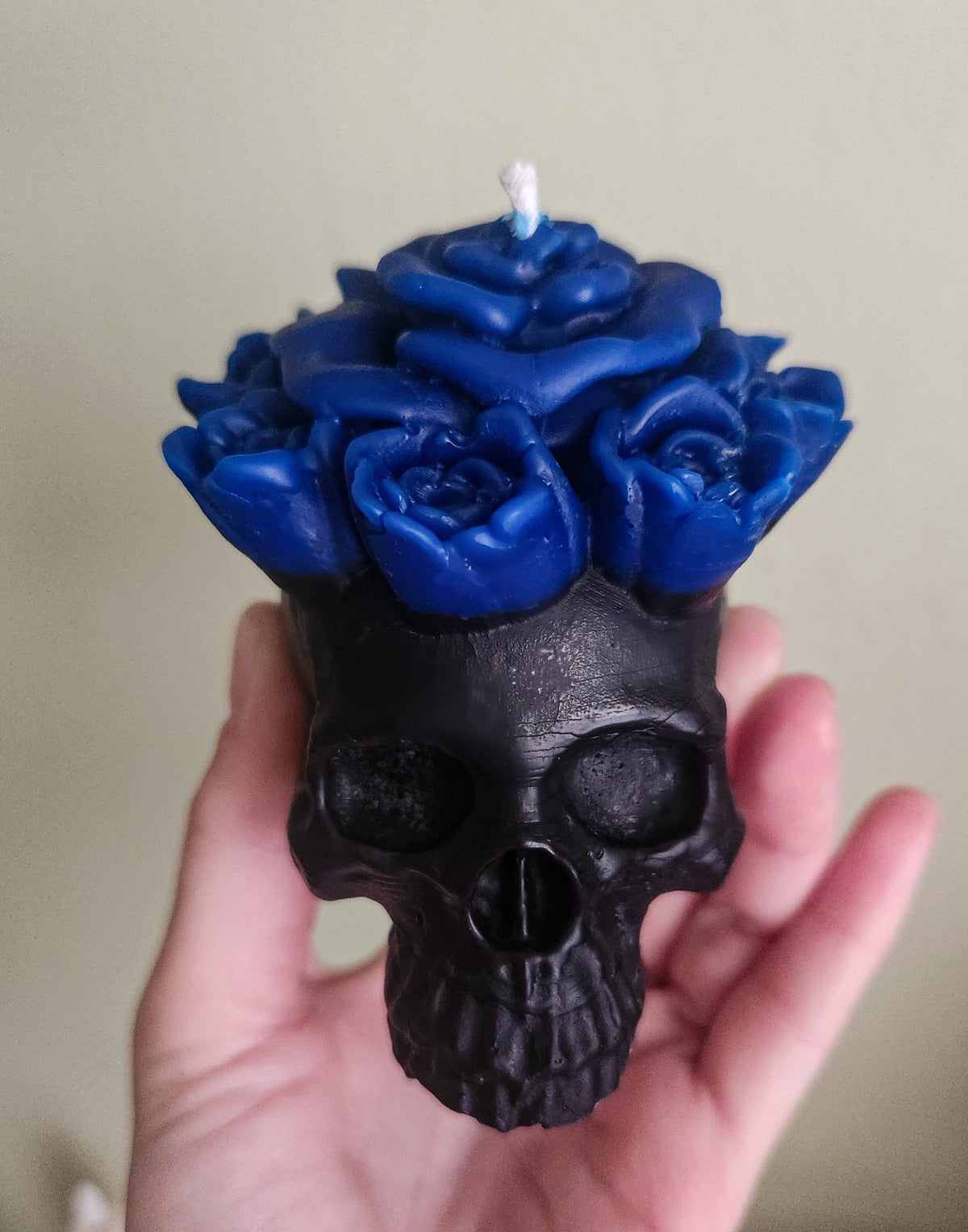 Blue Mourning Rose Skull Candle