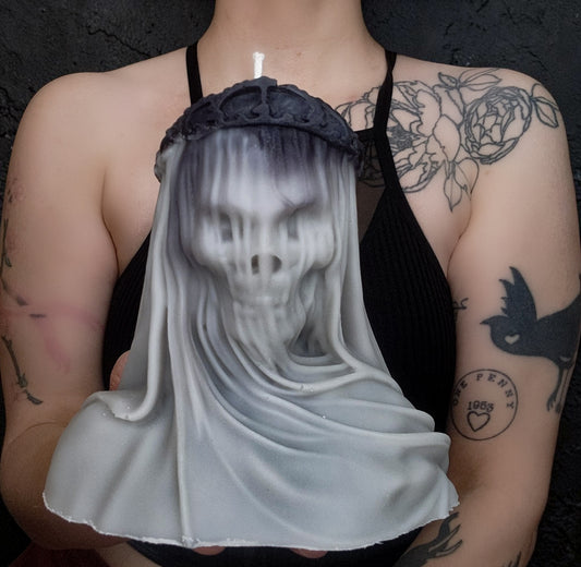 Crown of Shadows Veiled Marble Death Skull Candle (Large)
