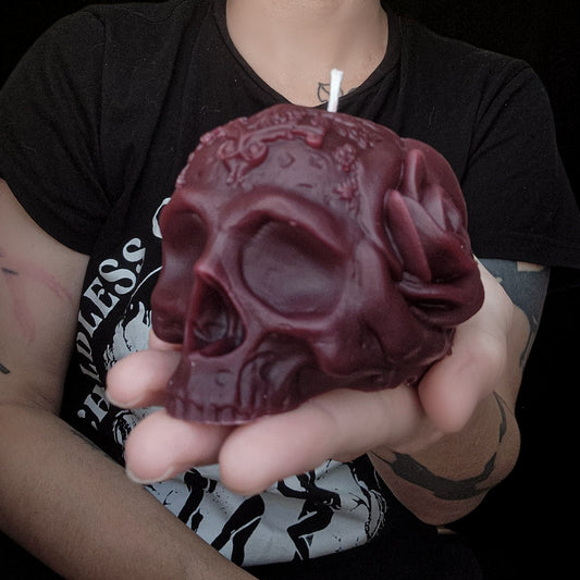 Eternal Mourning: Burgundy Requiem Skull Candle